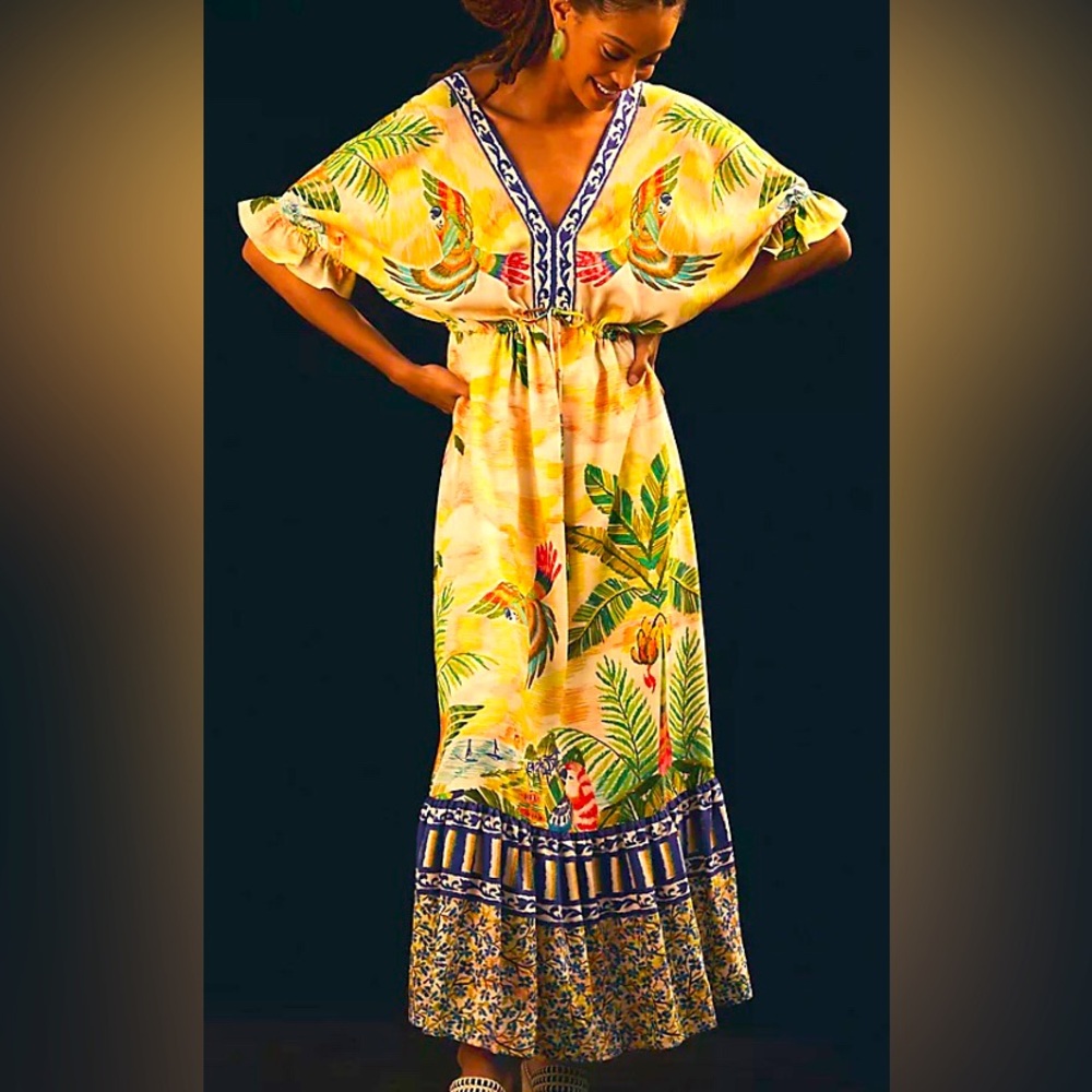 FARM Rio For Anthropologie Parrot Maxi Dress Small Yellow Boho Wedding Cocktail